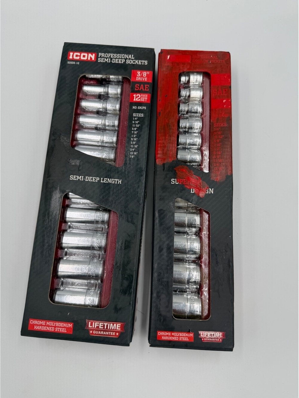 ICON 3/8" Drive SAE Socket Sets Lot of 2 Semi-Deep & Shallow 12Piece 59622 58103